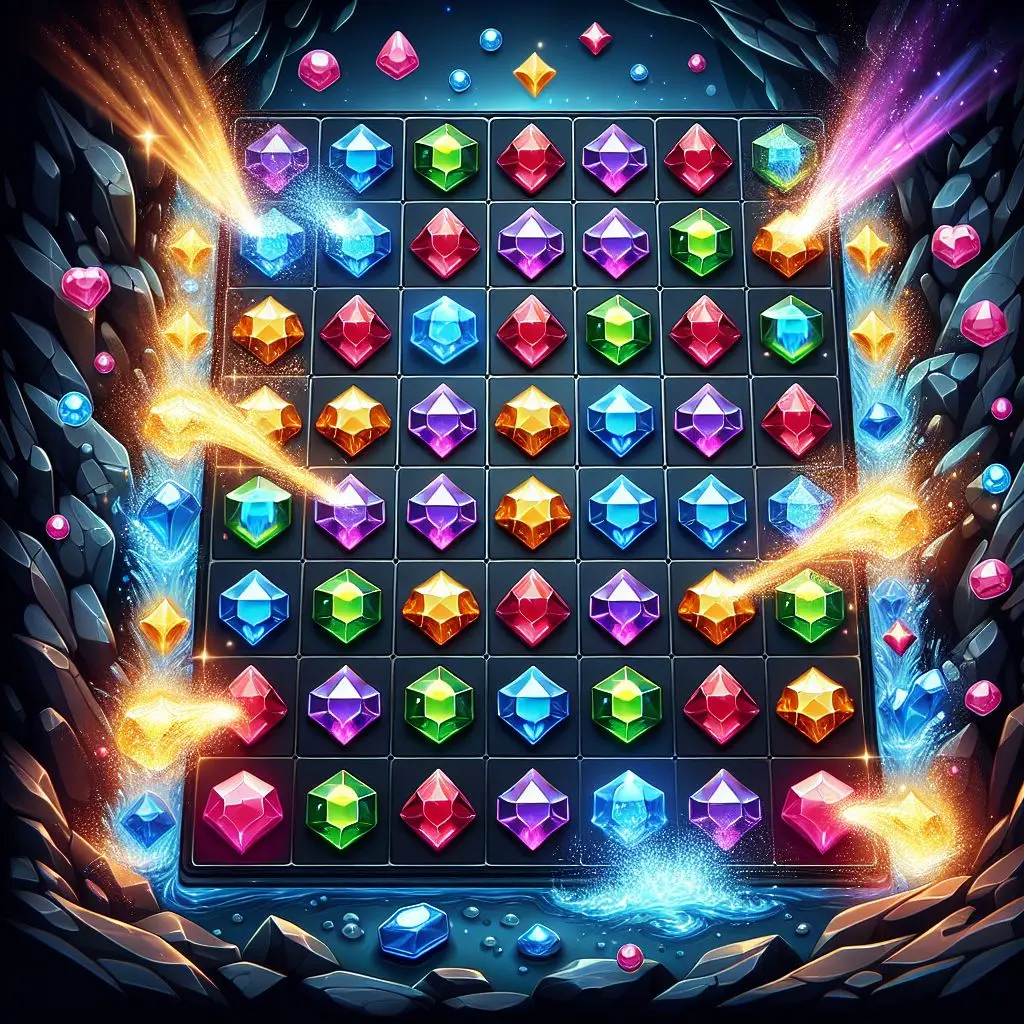 Vista del gameplay de Gems Bonanza mostrando el tablero y las funciones de bonificación