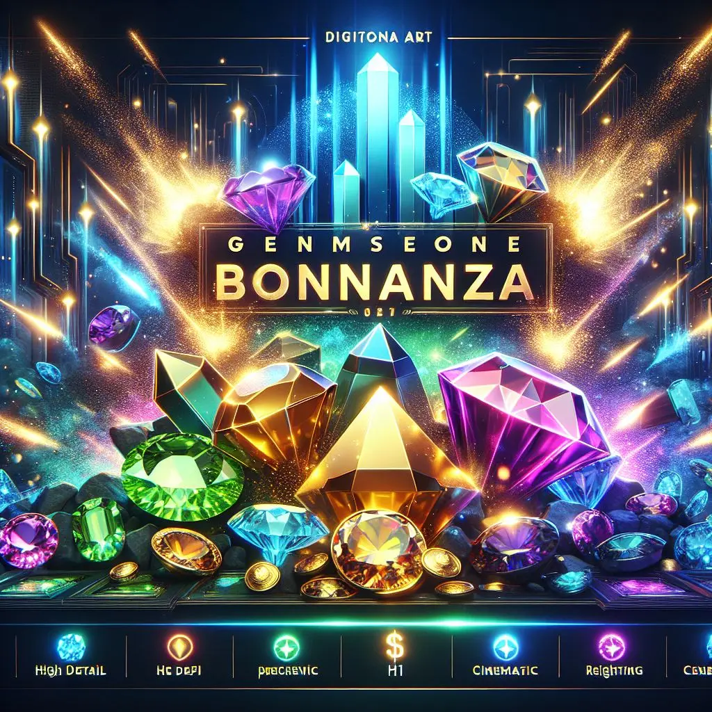 Banner digital con gemas brillantes y destellos de color resaltando el slot Gems Bonanza