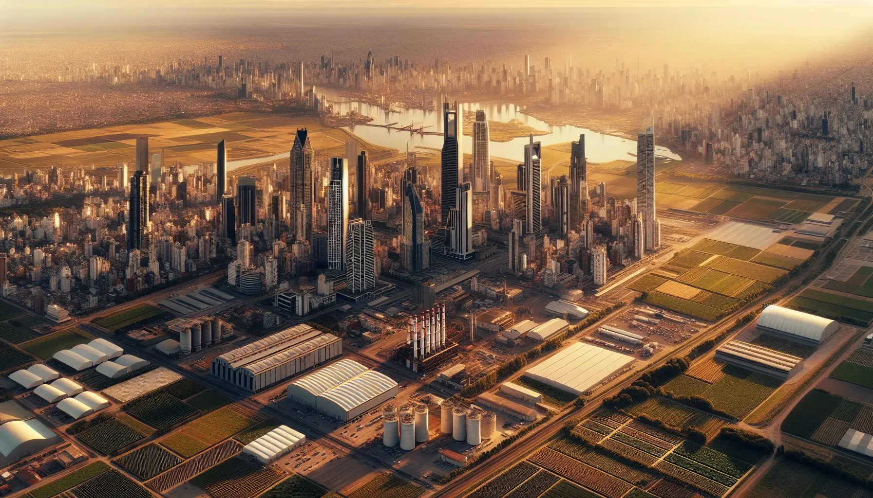 Vista aérea de ciudad argentina, campos y zonas industriales representando oportunidades de inversión